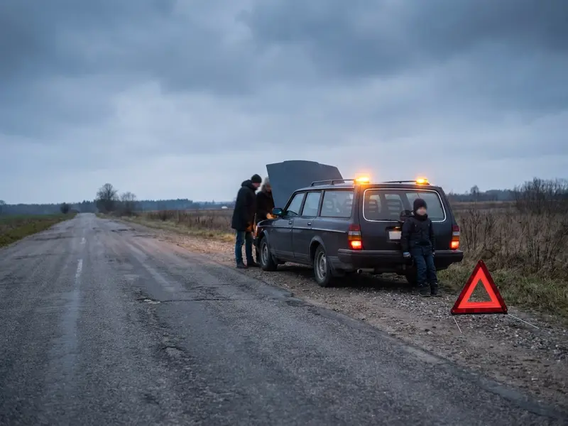 Voiture en panne au bord de la route, capot ouvert