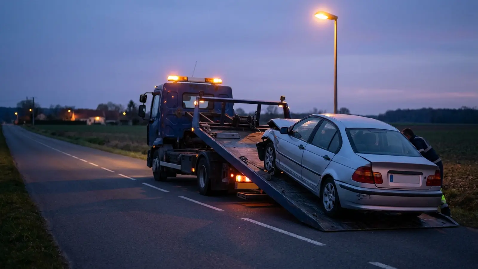 Dépanneuse plateau chargeant une voiture accidentée, le soir, sur une route
