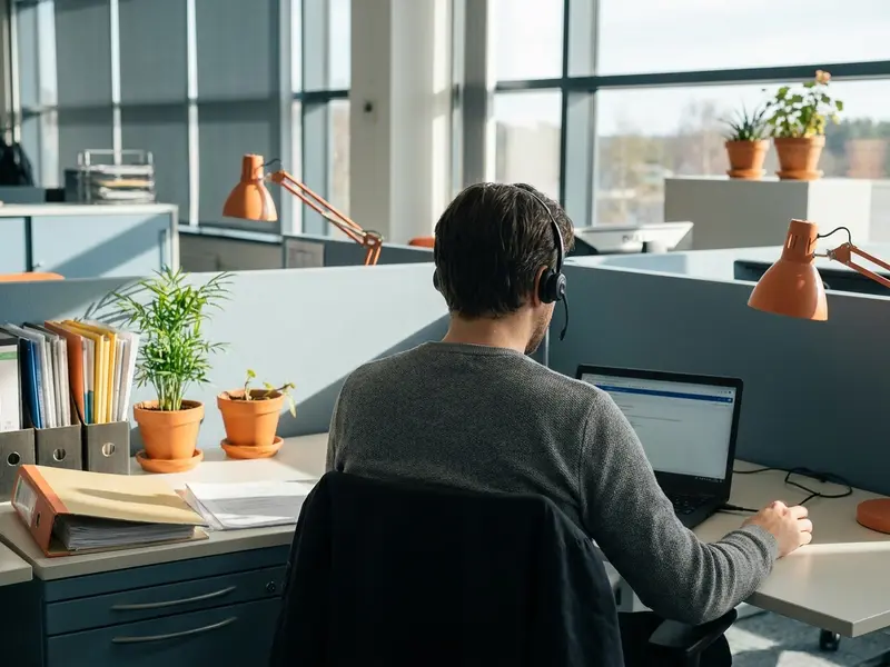 Personne au téléphone, avec un casque, devant un ordinateur